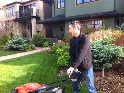 "You'd better not post that on social media," Blake warned while he mowed. "I don't want to be the loser out mooing before his house got flooded." Ha!