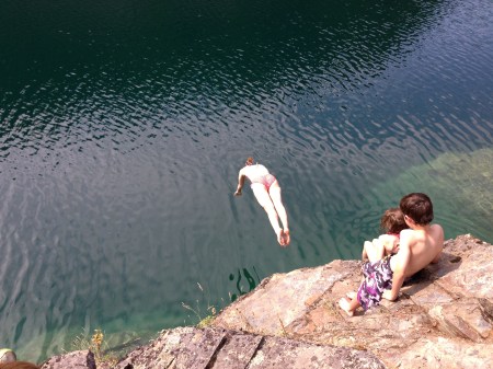 Diving into the lake. My reaction upon surfacing? "Brrrr!"