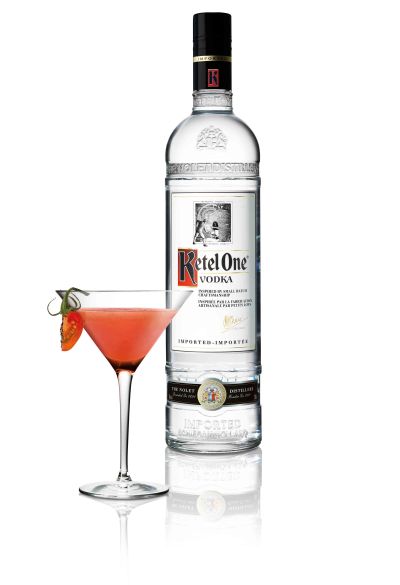 A vodka drink with muddled tomato and white balsamic vinegar.