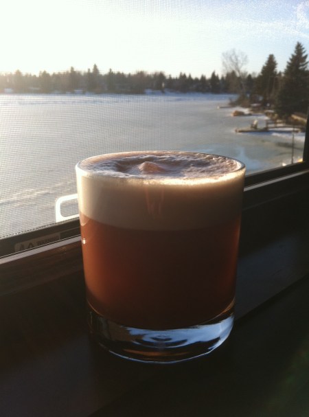 A lovely cherry whiskey sour from The Lake House. Nice view of Lake Bonavista!