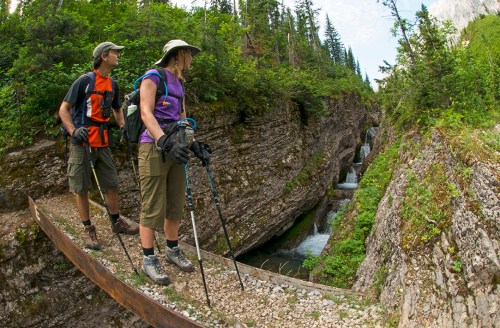 Crossing Bisaro Canon on one of two steel bridges helicoptered into the backcountry for this purpose. Photo by Mike McPhee.