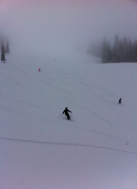 Skiers enjoy first tracks down Currie Bowl on Sun., Jan. 18.