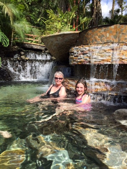 Grammie and Avery enjoy our private hot pool at Tabacon. Photo by Lisa Kadane.