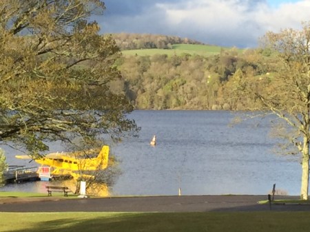 The view from the Great Scots Bar looked out over Loch Lomond and the seaplane that would fly us to Islay the following day.