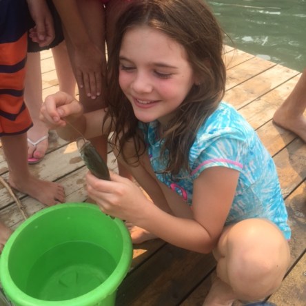 Avery catches another fish off the dock at Surveyor's Lake.