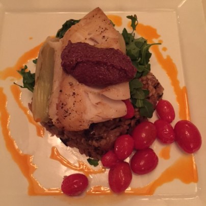 West coast black cod with olive tapenade and roasted tomatoes at the Sunshine Mountain Lodge.